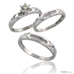 10k White Gold Diamond Trio Wedding Ring Set His 4mm & Hers 3.5mm -Style Ljw103w3