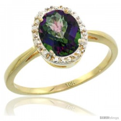 10k Yellow Gold Mystic Topaz Diamond Halo Ring 1.17 Carat 8X6 mm Oval Shape, 1/2 in wide