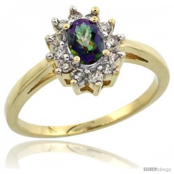 10k Yellow Gold Mystic Topaz Diamond Halo Ring Oval Shape 1.2 Carat 6X4 mm, 1/2 in wide