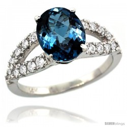 14k White Gold Natural London Blue Topaz Ring 10x8 mm Oval Shape Diamond Accent, 3/8inch wide