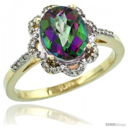 10k Yellow Gold Diamond Halo Mystic Topaz Ring 1.65 Carat Oval Shape 9X7 mm, 7/16 in (11mm) wide