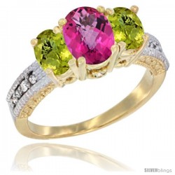 10K Yellow Gold Ladies Oval Natural Pink Topaz 3-Stone Ring with Lemon Quartz Sides Diamond Accent