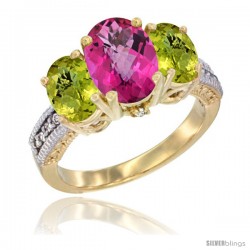 10K Yellow Gold Ladies 3-Stone Oval Natural Pink Topaz Ring with Lemon Quartz Sides Diamond Accent