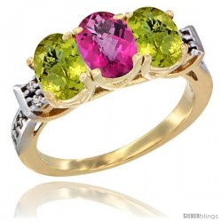 10K Yellow Gold Natural Pink Topaz & Lemon Quartz Sides Ring 3-Stone Oval 7x5 mm Diamond Accent