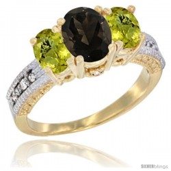 10K Yellow Gold Ladies Oval Natural Smoky Topaz 3-Stone Ring with Lemon Quartz Sides Diamond Accent