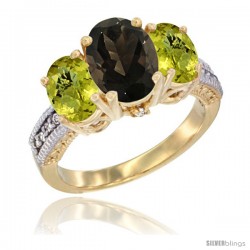 10K Yellow Gold Ladies 3-Stone Oval Natural Smoky Topaz Ring with Lemon Quartz Sides Diamond Accent