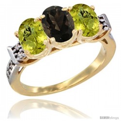 10K Yellow Gold Natural Smoky Topaz & Lemon Quartz Sides Ring 3-Stone Oval 7x5 mm Diamond Accent