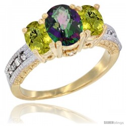 10K Yellow Gold Ladies Oval Natural Mystic Topaz 3-Stone Ring with Lemon Quartz Sides Diamond Accent