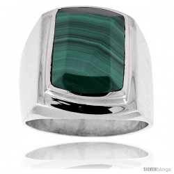 Sterling Silver Large Rectangular Malachite Men's Ring 3/4 in. 19 mm wide