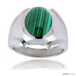 Sterling Silver Oval Malachite Men's Ring 3/4 in. 18 mm