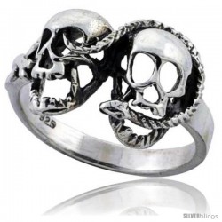 Sterling Silver Snake with 2 Skulls Gothic Biker Ring 7/16 in wide