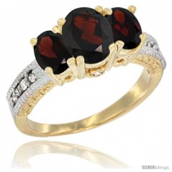 14k Yellow Gold Ladies Oval Natural Garnet 3-Stone Ring Diamond Accent