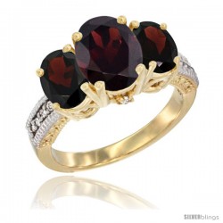 14K Yellow Gold Ladies 3-Stone Oval Natural Garnet Ring Diamond Accent