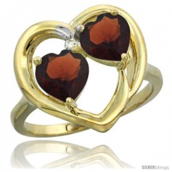 14k Yellow Gold 2-Stone Heart Ring 6mm Natural Garnet Stones Diamond Accent