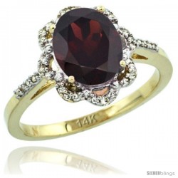 14k Yellow Gold Diamond Halo Garnet Ring 1.65 Carat Oval Shape 9X7 mm, 7/16 in (11mm) wide