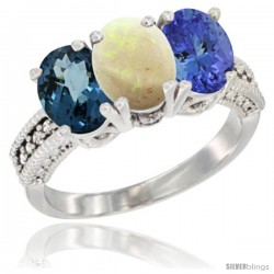 14K White Gold Natural London Blue Topaz, Opal & Tanzanite Ring 3-Stone 7x5 mm Oval Diamond Accent