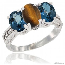 14K White Gold Natural Tiger Eye & London Blue Topaz Sides Ring 3-Stone 7x5 mm Oval Diamond Accent