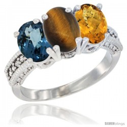 14K White Gold Natural London Blue Topaz, Tiger Eye & Whisky Quartz Ring 3-Stone 7x5 mm Oval Diamond Accent