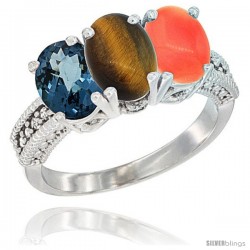 14K White Gold Natural London Blue Topaz, Tiger Eye & Coral Ring 3-Stone 7x5 mm Oval Diamond Accent