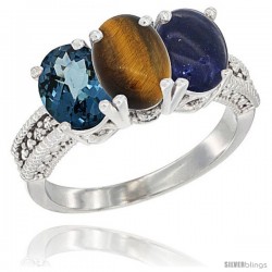 14K White Gold Natural London Blue Topaz, Tiger Eye & Lapis Ring 3-Stone 7x5 mm Oval Diamond Accent