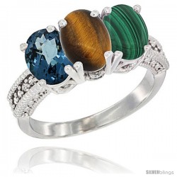 14K White Gold Natural London Blue Topaz, Tiger Eye & Malachite Ring 3-Stone 7x5 mm Oval Diamond Accent