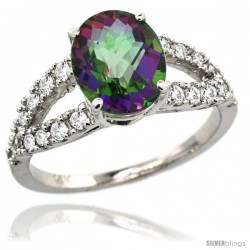 14k White Gold Natural Mystic Topaz Ring 10x8 mm Oval Shape Diamond Accent, 3/8inch wide