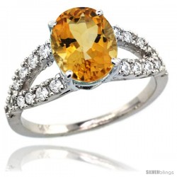 14k White Gold Natural Citrine Ring 10x8 mm Oval Shape Diamond Accent, 3/8inch wide