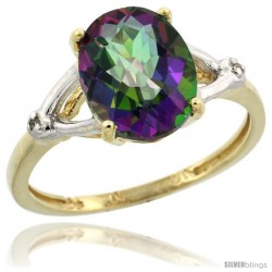 10k Yellow Gold Diamond Mystic Topaz Ring 2.4 ct Oval Stone 10x8 mm, 3/8 in wide