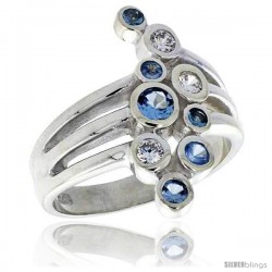 Highest Quality Sterling Silver 3/4 in (21 mm) wide Right Hand Ring, Bezel Set Brilliant Cut Clear & Blue Topaz-colored CZ