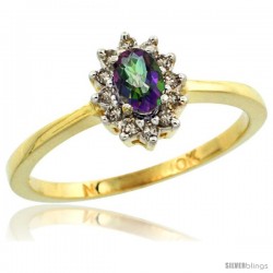 10k Yellow Gold Diamond Halo Mystic Topaz Ring 0.25 ct Oval Stone 5x3 mm, 5/16 in wide