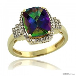 10k Yellow Gold Diamond Halo Mystic Topaz Ring 2.4 ct Cushion Cut 9x7 mm, 1/2 in wide