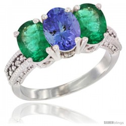 14K White Gold Natural Tanzanite & Emerald Sides Ring 3-Stone 7x5 mm Oval Diamond Accent