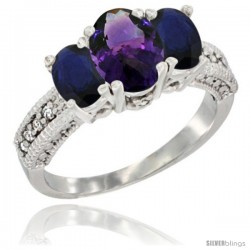 14k White Gold Ladies Oval Natural Amethyst 3-Stone Ring with Blue Sapphire Sides Diamond Accent