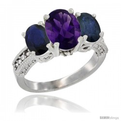 14K White Gold Ladies 3-Stone Oval Natural Amethyst Ring with Blue Sapphire Sides Diamond Accent