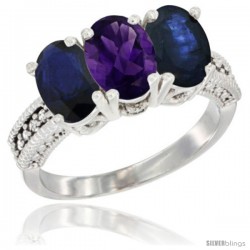 14K White Gold Natural Amethyst & Blue Sapphire Sides Ring 3-Stone 7x5 mm Oval Diamond Accent