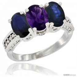 14K White Gold Natural Amethyst & Blue Sapphire Sides Ring 3-Stone 7x5 mm Oval Diamond Accent