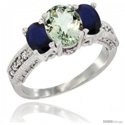 14k White Gold Ladies Oval Natural Green Amethyst 3-Stone Ring with Blue Sapphire Sides Diamond Accent