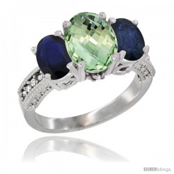 14K White Gold Ladies 3-Stone Oval Natural Green Amethyst Ring with Blue Sapphire Sides Diamond Accent