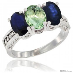 14K White Gold Natural Green Amethyst & Blue Sapphire Sides Ring 3-Stone 7x5 mm Oval Diamond Accent