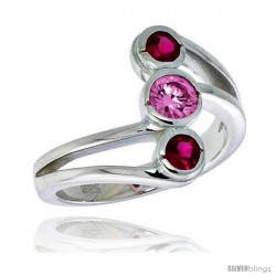 Highest Quality Sterling Silver 5/8 in (16 mm) wide Right Hand Ring, Bezel Set Brilliant Cut Ruby & Pink Tourmaline-colored CZ