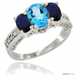 14k White Gold Ladies Oval Natural Swiss Blue Topaz 3-Stone Ring with Blue Sapphire Sides Diamond Accent