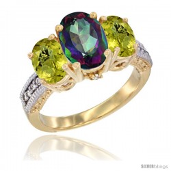 10K Yellow Gold Ladies 3-Stone Oval Natural Mystic Topaz Ring with Lemon Quartz Sides Diamond Accent