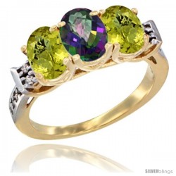 10K Yellow Gold Natural Mystic Topaz & Lemon Quartz Sides Ring 3-Stone Oval 7x5 mm Diamond Accent