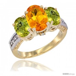 10K Yellow Gold Ladies 3-Stone Oval Natural Citrine Ring with Lemon Quartz Sides Diamond Accent