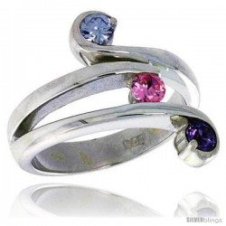 Highest Quality Sterling Silver 3/4 in (17 mm) wide Right Hand Ring, Brilliant Cut Amethyst & Pink Tourmaline-colored CZ Stones