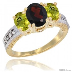 10K Yellow Gold Ladies Oval Natural Garnet 3-Stone Ring with Lemon Quartz Sides Diamond Accent