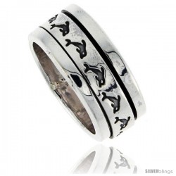 Sterling Silver Men's Spinner Ring Dolphin Pattern Flat Center Handmade 3/8 in wide