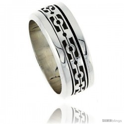 Sterling Silver Men's Spinner Ring Native American Pattern Center Handmade 3/8 in wide