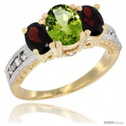 14k Yellow Gold Ladies Oval Natural Peridot 3-Stone Ring with Garnet Sides Diamond Accent