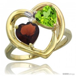 14k Yellow Gold 2-Stone Heart Ring 6mm Natural Garnet & Peridot Diamond Accent